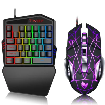 TWOLF TF900 Wired Keyboard and Mouse with 3-color Mixing Backlight Gaming Keyboard One Hand Mobile Phone Game Converter
