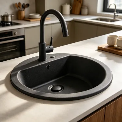 Factory Custom Round Black Quartz Bar Sink Single Basin Granite Composite Round Kitchen Sink for Bar Coffee Shop