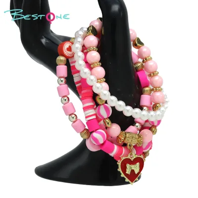 Bestone New 5pcs/set Cute Love Dwarf Pink Soft Ceramic Adjustable Beaded Bracelet Set for Women Girls Jewelry with Heart Charm