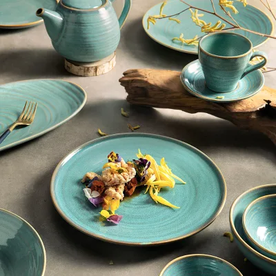 Mexican Platos Para Restaurant Blue Color Dishes Set Teller Ceramic Dinnerware Wholesale Custom Porcelain Flat Plate Restaurants