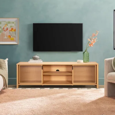 TV Stand for Living Room, Mid Century Modern Entertainment Center, TV Console with Glass Doors Cabinets and Open Shelves,Natural