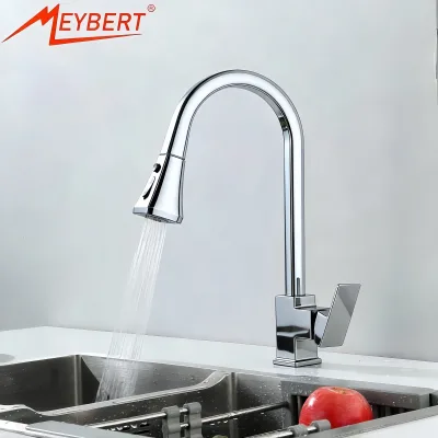 Modern Single Handle Kitchen Mixer Faucet with Pull Down Spray Single Hole Black Ceramic Valve Core for Hotel & Dining Use