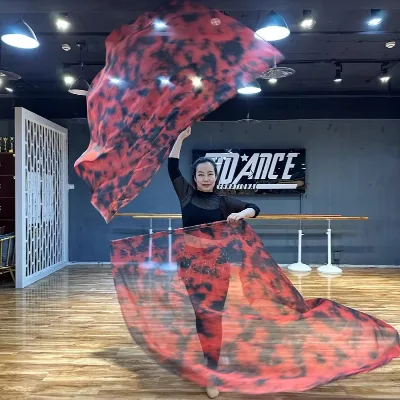 Belly Dance Performance Costume with Ethereal Gradient Veil Printed Red & Black Spotted Pattern for Stage