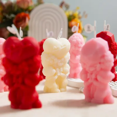 Couple Bear Heart Rose Scented Candles Handmade 3D Bear Love Shape Soy Wax Aroma Candle for Valentine Wedding Gift Home Decor