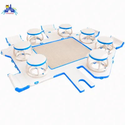 Large Inflatable Floating Party Island Platform with Seats Tables Central Mesh Dock for Lake Yacht Resort Group Water Leisure