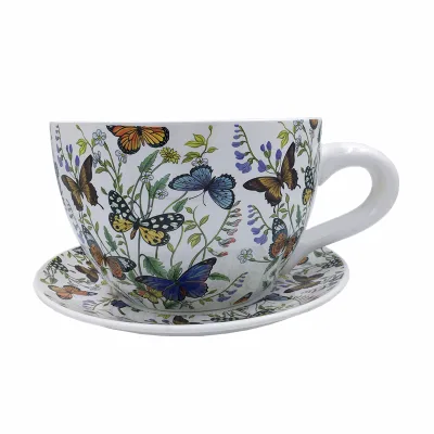 Ceramic Teacup Planter, Flower Pot Decorated with Flowers and Butterfly