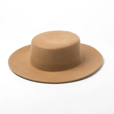 100% Wool Hat Boater Shape Flat Top Flat Along Bowler Wool Hat for Ladies