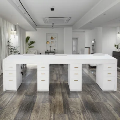 Three Seaters Stainless Steel Frame Nail Table With Marble Top Tech Salon Countertop Manicure Table