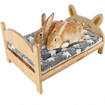 Wooden Rabbit Bed 2-in-1 Gray Star Soft Mat Easy Assembly Durable Raised Base for Small Pets
