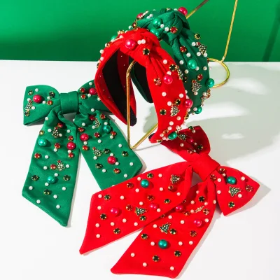 Christmas element Solid Color Rhinestone Pearl Christmas Tree Charm Headband Bow Hair Clip Holiday Hair Accessory