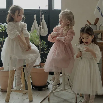 Wholesale Korean Style Cotton Spring Solid Knee-Length Embroidery Taffeta Dress Kids Party Evening Girls Lace