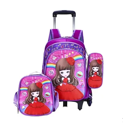 Waterproof 16 Inch Children Three-piece Bag Trolley Backpack Cartoon Casual PU Leather Primary School Students School Bag Set