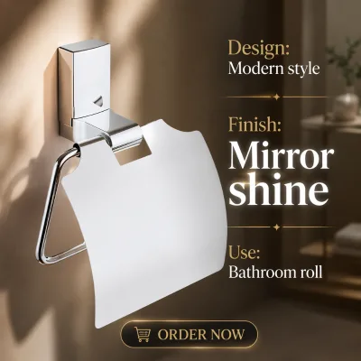 Modern Square Self-Adhesive Eco-Friendly Bathroom Toilet Paper Roll Holder with Chrome Finish