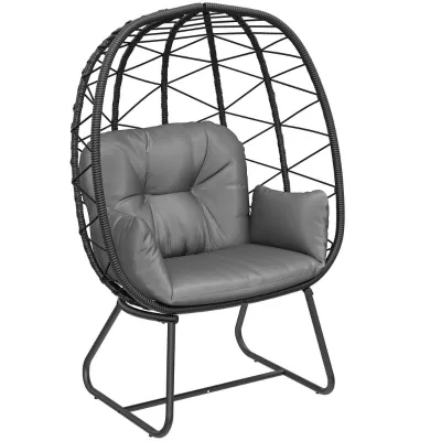 Wicker Rattan Black Egg Chair with Stand and Cushion for Pool, Beach, Park, Garden, Indoor and Outdoor