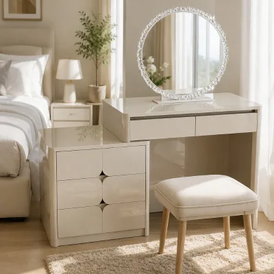 Vanity Table with Mirror and Drawers High Gloss Lacquer Champagne Beige Makeup Dressing Table Crystal Beaded Mirror 8 Drawers