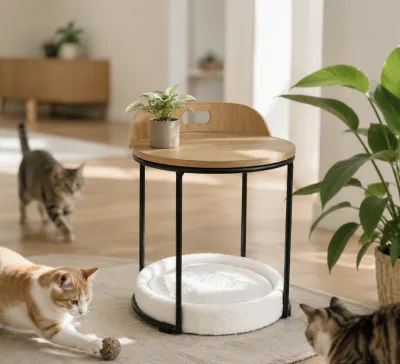 2 in 1 Curved Wood Stool With Cat Bed Oak Veneer Top Heavy Duty Iron Frame for Small Spaces