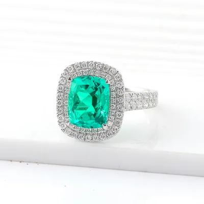 Gorgeous Emerald Jewelry 18k Solid Gold Emerald Engagement Ring Double halo Diamond Ring  Mother's Day Gift Wedding Jewelry
