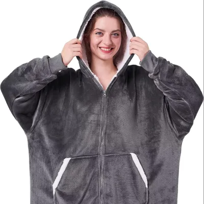 Oversized Giant Sherpa Fleece Blanket Hoodie for Adults Custom Weight Wearable Blanket Warm Cozy Pocket Zipper Woven Technics