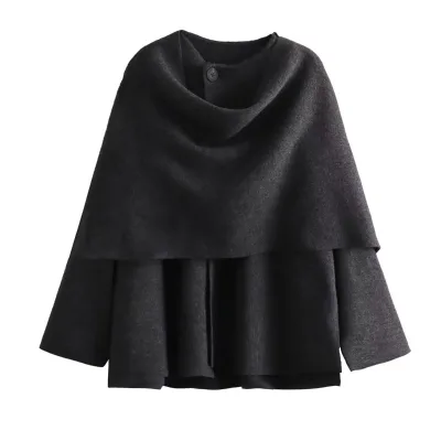 MYST&ZA Women's 2024 Autumn and Winter New Fashion Asymmetrical Crew Neck Long-sleeved Woven Casual Polyester Coat Jacket