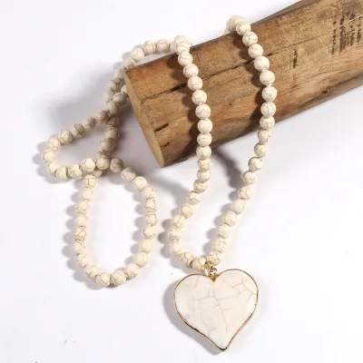 Fashion Boho Summertime Women Jewelry 8mm Turquoise Natural Stone Necklace Vintage Turquoise Stone Heart Pendant Necklaces