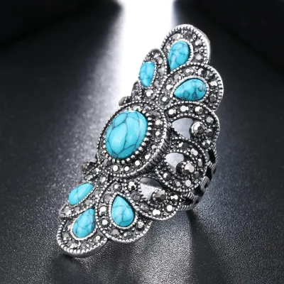 Fashion Ethnic Peacock Big Rings for Women Vintage Blue Stone Black Crystal Silver Color Ring Statement Bohemian Jewelry