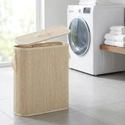 Light Colored Multi Line Foldable Standing Type Bamboo Storage Moisture-proof Dustproof Bathroom Clothing Laundry Basket Lid