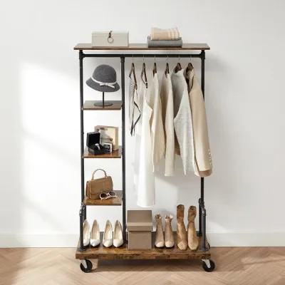Garment Rack on Wheels Industrial Pipe Style Clothes Rack With 5-Tier Storage Shelf