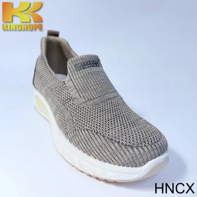 Heather Grey Blended Fly Knit Slip-On Walking Shoes, Wave Pattern Thick Sole Breathable Lazy Sneakers