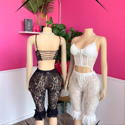 BR5629 Women's 2-Piece Shorts Set Sexy Lace Hollow Hot Girl Sheer Short