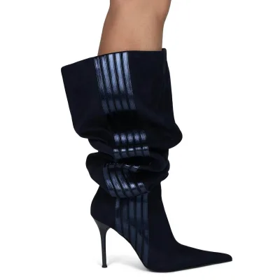 2024 Winter Boots Comfortable Blue Pu Patchwork Suede Boots Wrinkle Super Pointed Toe Heeled Boots for Women Anmairon CC240921