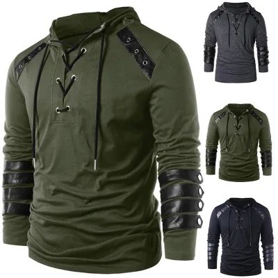 Men Pullover Hoodie Bandage Top Halloween Medieval Renaissance Grooms Pirate Reenactment Larp Costume Lacing up  Clothing