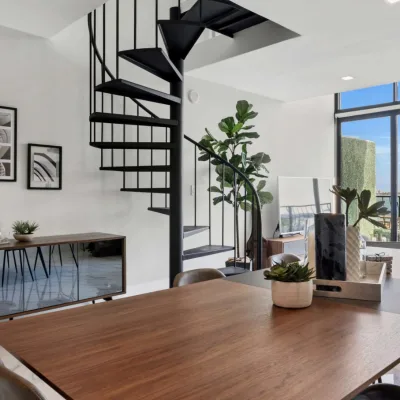 Spiral Staircase Steel-Wood Carbon Steel Metal Tread Small Space Saving Duplex Indoor Contemporary Design Stair
