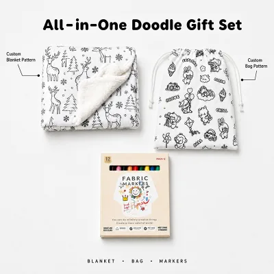 Custom Doodle Art Gift Set 12 Washable Fabric Markers Sherpa Blanket Bag for Friends Share Color Blanket Sets