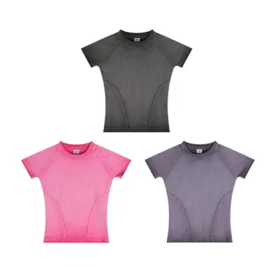 High-quality Y2k 220gsm Summer Womens Crewneck Short Sleeve Ribbed Fitted Slim Fit Tops Solid Basic Tee Washed Custom T-shirt