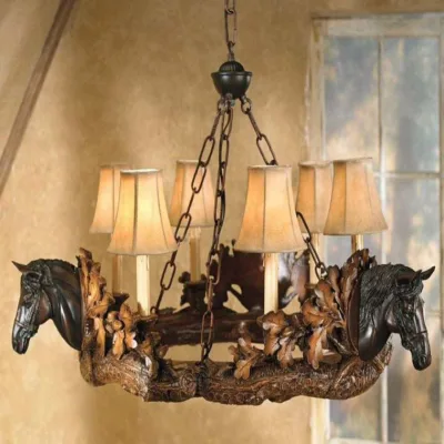 Horse Head Motif Chandelier Lamp for Living Room Decoration Ferghana Horse Head Hold Candle Lantern Horse Pendant Light