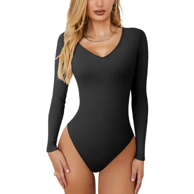 European and American Seamless Solid-color V-neck Bodysuit Long-sleeved Breathable Quick-drying Ribbed T-shirt Yoga Jumpsuit