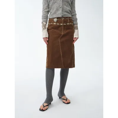 Vintage Women's Skirts Flocked Denim Straight Midi Skirt for Women Early Spring Natural Waistline Side Zipper Slit