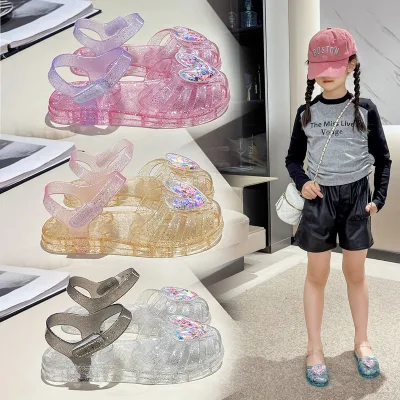 Girls' Summer Princess Jelly Sandals Kid's Beach Shoes with Soft Heart Crystal