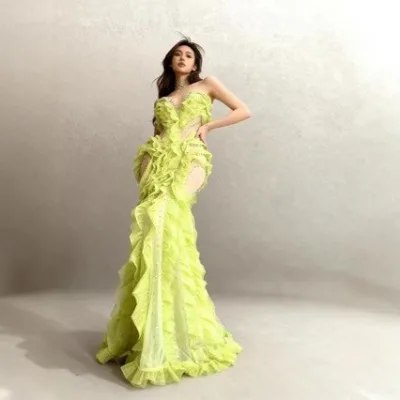 Wholesalers Green Mesh Chic Formal Elegant Prom Dresses Goddess Temperament Mermaid Long Gown for Pageant Stage