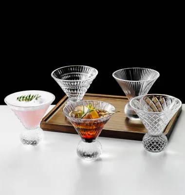 Triangular Cocktail Glass 240ml Clear Vertical Stripes Martini Glass 350g Heavy Base Glass Cup for Bar Party and Home Use