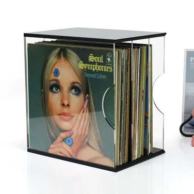 12-Inch Vinyl Record Storage Rack Transparent Acrylic Album Discs Storage Box Wood Display Rack for Bedroom & Living Room