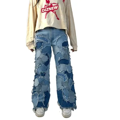 DIZNEW Plus Size Women's Denim Jeans Custom Streetwear Blue Wash Cut Sewn Pants Jeans for Women