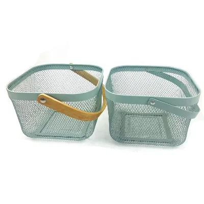 High Quality Collection Basket Metal Mesh Wire Fruit Storage Basket With Wooden Handle