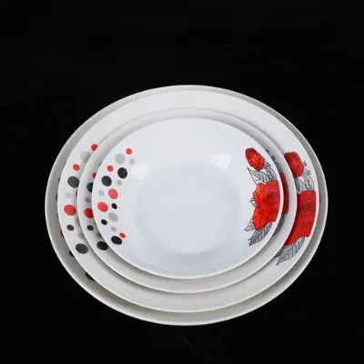 Red Rose Flower Polka Dot Melamine Plates Set Multi Size Round Unbreakable Dinner Plates for Household Catering Use
