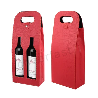Sample Order Support Pu Leather Orange Wine Carrier Bag Portable Double Bottle Bag Reusable Easy Carry Wine Pu Leather Bag