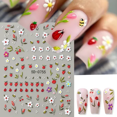 5D Embossed Kawaii Ladybug Sliders Spring White Daisy Flowers Nail Stickers DIY Simple Petals Wedding Nails Decals Decoration