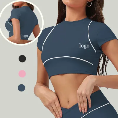 Quick Dry Color Blocking Gym Top Crew Neck Cropped Fitness Top Short Sleeves Contrast Binding Yoga Top