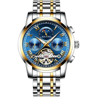Hot Ailang Automatic Six Needle Chronograph Watch With Moon Phase Blue Hollow Gears Tourbillon Watch Mechanical Men Collection