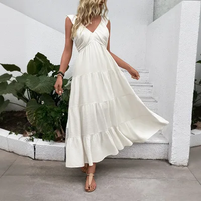 New Style Casual and Simple Sleeveless V-neck Beach Dress in White. Long Dress.