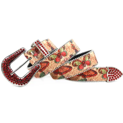 Exquisite Red PU Leather Belt Alloy Rhinestone Buckle Shiny Crystal Decoration Fashion Casual Wide Belt 3.8cm Width 105-125cm